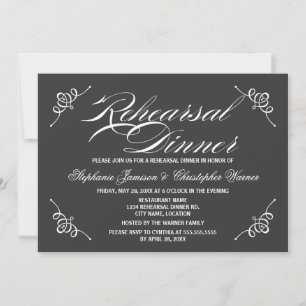 Calligraphy Elegance Grey Rehearsal Dinner Invitation