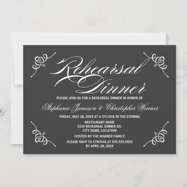 Calligraphy Elegance Grey Rehearsal Dinner Invitation (Front)
