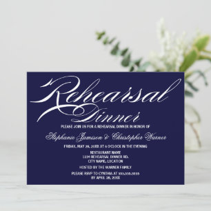 Calligraphy Elegance Navy Blue Rehearsal Dinner Invitation