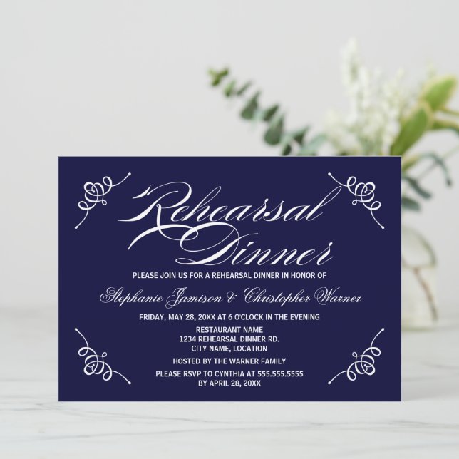 Calligraphy Elegance Navy Blue Rehearsal Dinner Invitation (Standing Front)