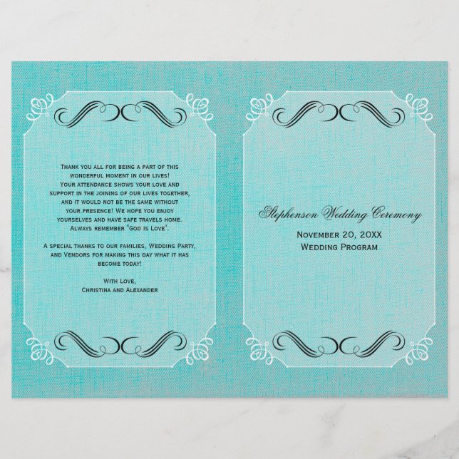 Calligraphy Elegance Vintage Linen Wedding Program (Front)