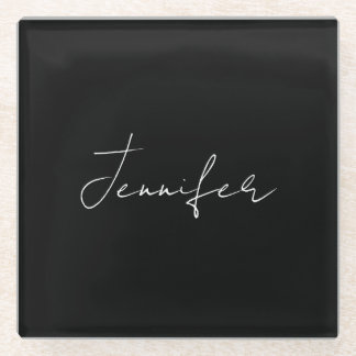 Calligraphy Elegant Black White Plain Simple Name Glass Coaster