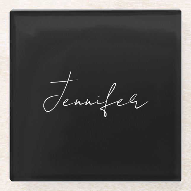 Calligraphy Elegant Black White Plain Simple Name Glass Coaster (Front)