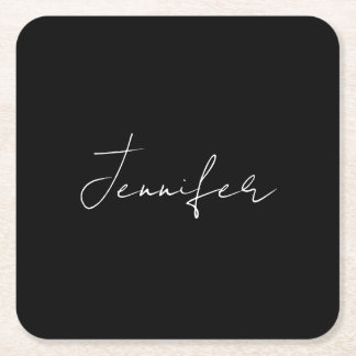 Calligraphy Elegant Black White Plain Simple Name Square Paper Coaster