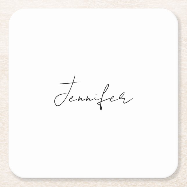 Calligraphy Elegant Black White Plain Simple Name Square Paper Coaster (Front)