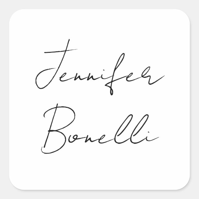 Calligraphy Elegant Black White Plain Simple Name Square Sticker (Front)