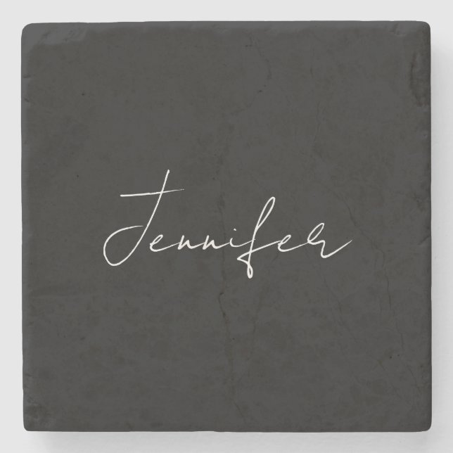 Calligraphy Elegant Black White Plain Simple Name Stone Coaster (Front)