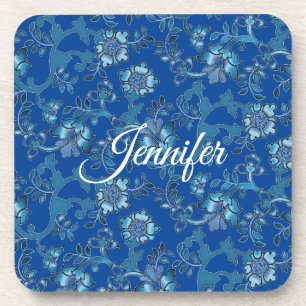 Calligraphy Elegant Blue Floral Custom Name Coaster