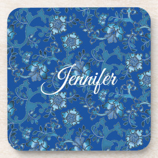 Calligraphy Elegant Blue Floral Custom Name Coaster