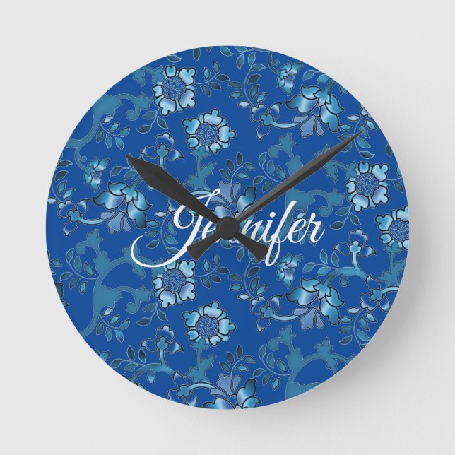 Calligraphy Elegant Blue Floral Custom Name Round Clock (Front)