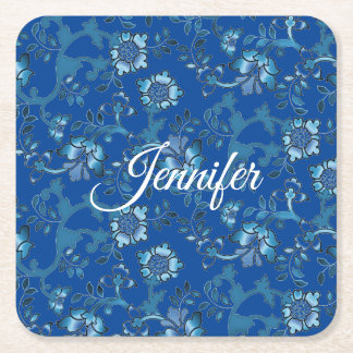 Calligraphy Elegant Blue Floral Custom Name Square Paper Coaster