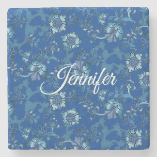 Calligraphy Elegant Blue Floral Custom Name Stone Coaster
