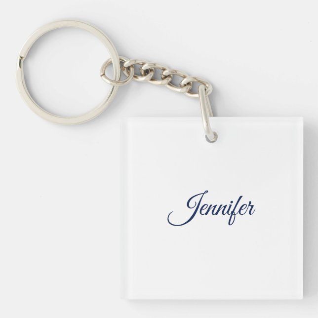Calligraphy Elegant Blue White Plain Simple Name Keychain (Front)