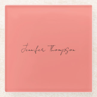 Calligraphy Elegant Coral Pink Plain Simple Name Glass Coaster