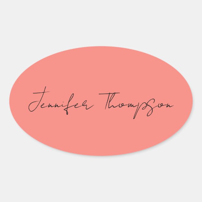 Calligraphy Elegant Coral Pink Plain Simple Name Oval Sticker (Front)