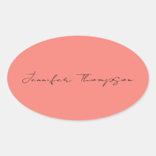 Calligraphy Elegant Coral Pink Plain Simple Name Oval Sticker