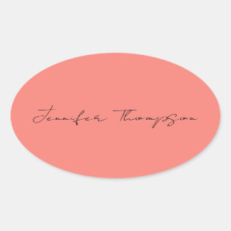 Calligraphy Elegant Coral Pink Plain Simple Name Oval Sticker