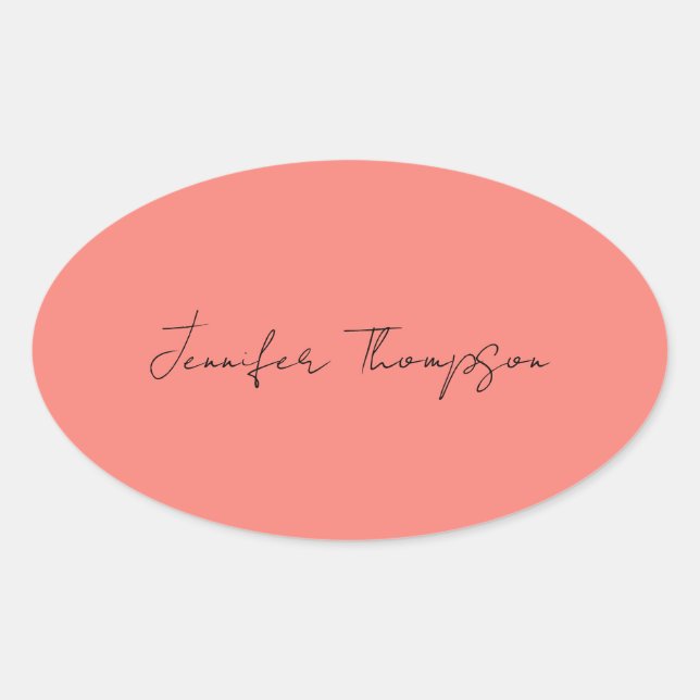 Calligraphy Elegant Coral Pink Plain Simple Name Oval Sticker (Front)