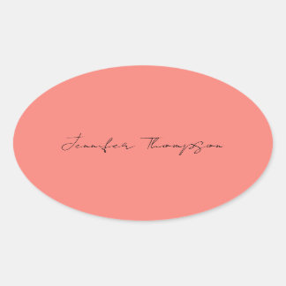 Calligraphy Elegant Coral Pink Plain Simple Name Oval Sticker