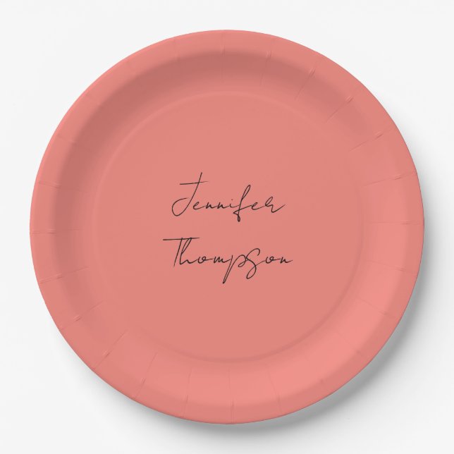 Calligraphy Elegant Coral Pink Plain Simple Name Paper Plate (Front)