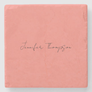 Calligraphy Elegant Coral Pink Plain Simple Name Stone Coaster