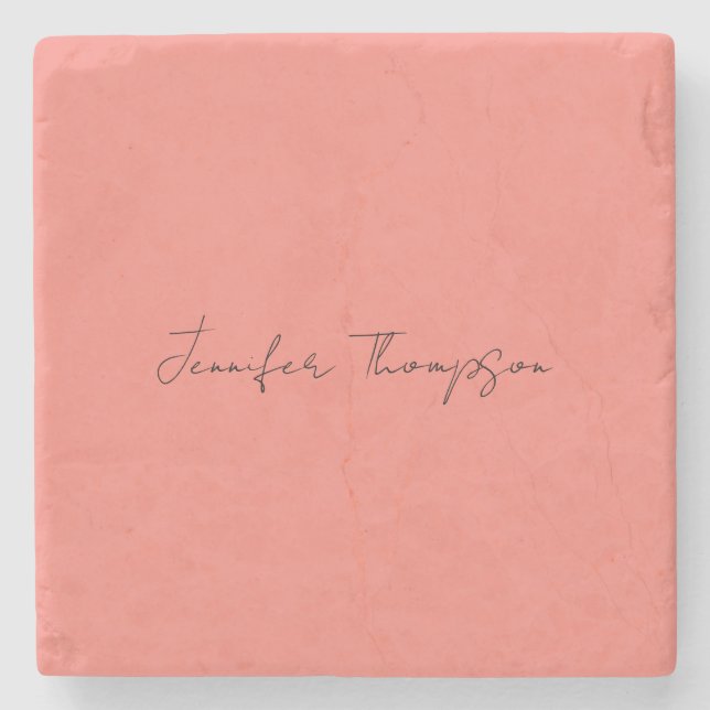 Calligraphy Elegant Coral Pink Plain Simple Name Stone Coaster (Front)