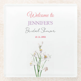 Calligraphy Elegant Floral Welcome Bridal Shower Glass Coaster
