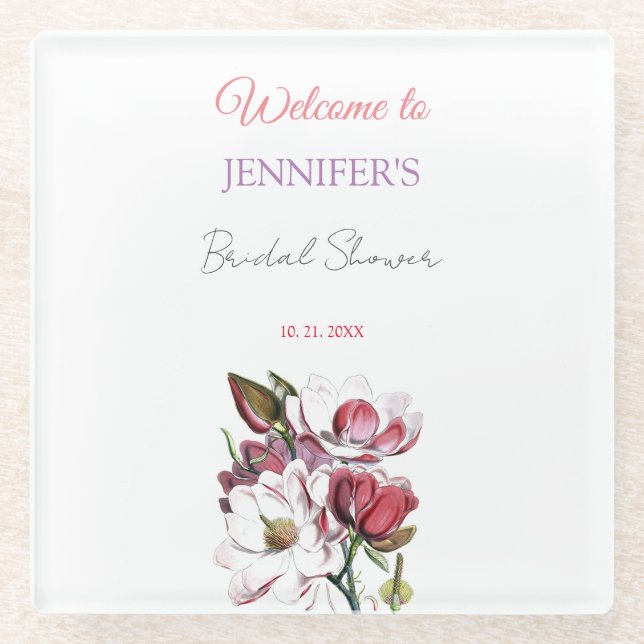 Calligraphy Elegant Floral Welcome Bridal Shower Glass Coaster (Front)