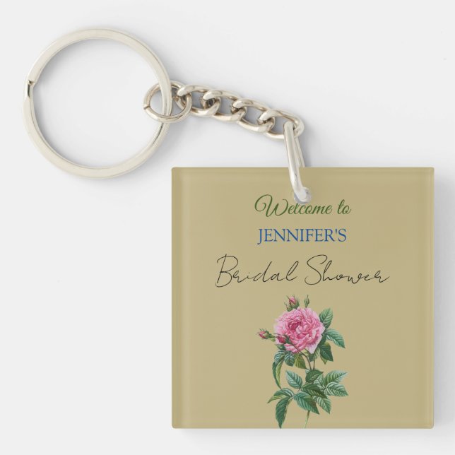 Calligraphy Elegant Floral Welcome Bridal Shower Keychain (Front)
