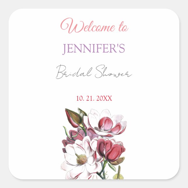 Calligraphy Elegant Floral Welcome Bridal Shower Square Sticker (Front)