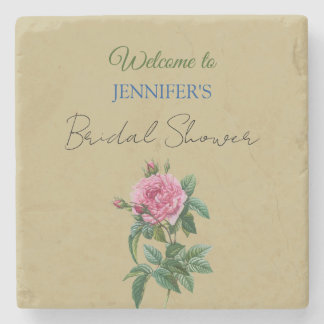 Calligraphy Elegant Floral Welcome Bridal Shower Stone Coaster