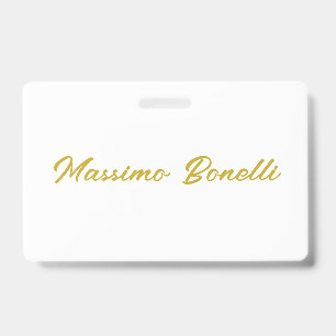 Calligraphy Elegant Gold White Plain Simple Name Badge