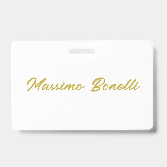 Calligraphy Elegant Gold White Plain Simple Name Badge (Front)