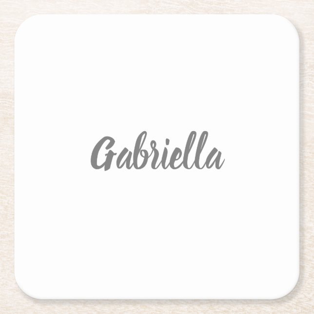 Calligraphy Elegant Grey White Plain Simple Name Square Paper Coaster (Front)