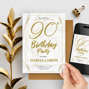 Calligraphy Elegant Modern Gold 90th Birthday Invitation