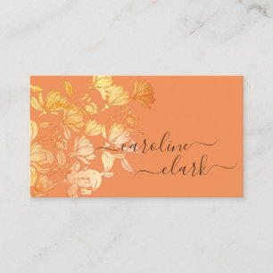 Calligraphy Elegant Peach Coral Floral Golden Gold Business Card