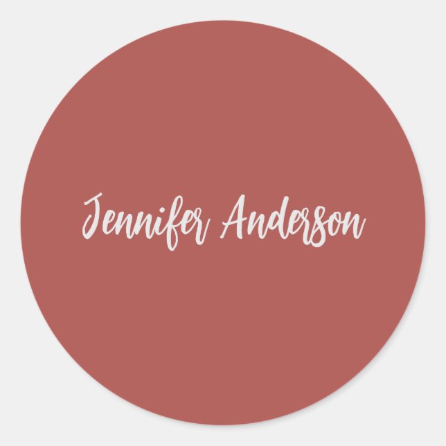 Calligraphy Elegant Personalized Brick Red Classic Round Sticker (Front)