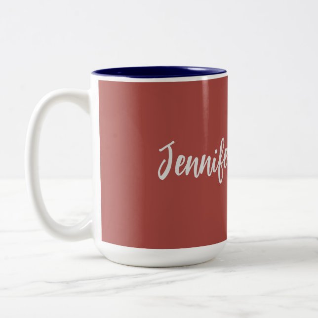 Calligraphy Elegant Personalized Brick Red Two-Tone Coffee Mug (Left)