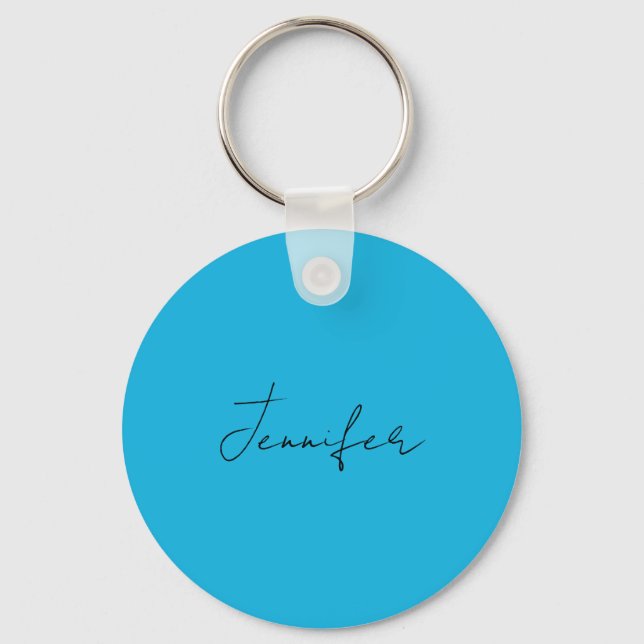 Calligraphy Elegant Plain Simple Name Blue Keychain (Front)