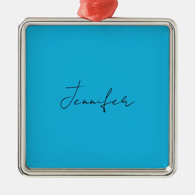 Calligraphy Elegant Plain Simple Name Blue Metal Ornament (Front)