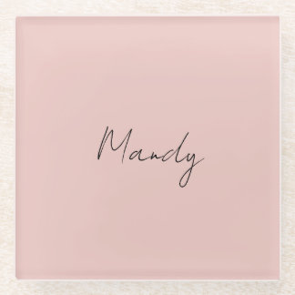 Calligraphy Elegant Rose Gold Plain Simple Name Glass Coaster