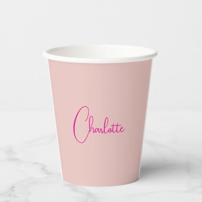 Calligraphy Elegant Rose Gold Plain Simple Name Paper Cups (Front)