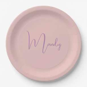 Calligraphy Elegant Rose Gold Plain Simple Name Paper Plate