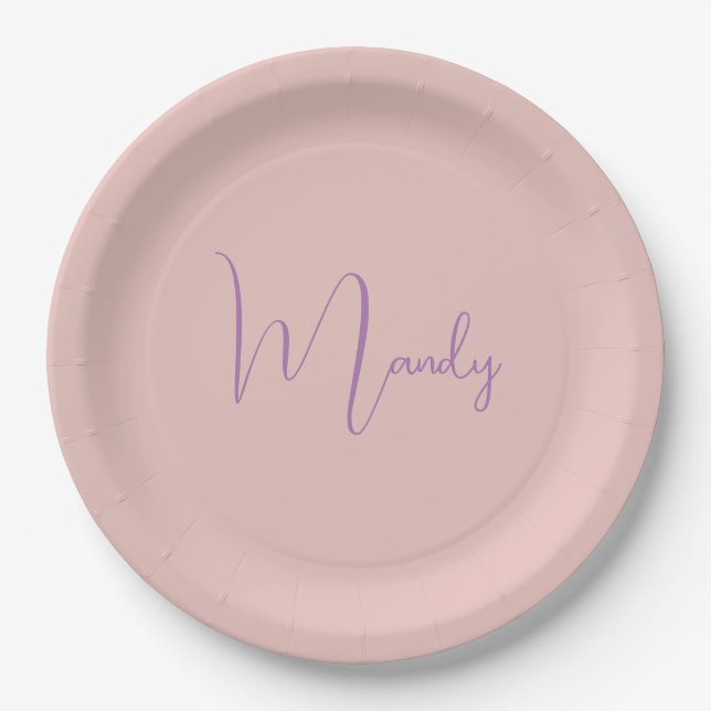 Calligraphy Elegant Rose Gold Plain Simple Name Paper Plate (Front)