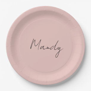 Calligraphy Elegant Rose Gold Plain Simple Name Paper Plate