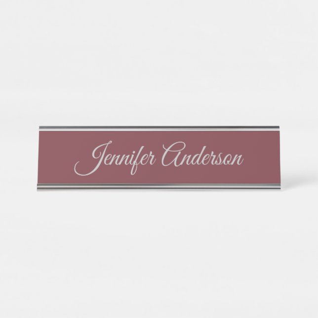 Calligraphy Elegant Wine Colour Personalized Desk Name Plate (Front)
