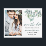Calligraphy Eucalyptus Leaves Green Save the Date Postcard<br><div class="desc">Modern Calligraphy Script,  Elegant Watercolor Botanical Eucalyptus Leaves,  Greenery Save The Date Engagement Announcement Couple Photo Postcard</div>