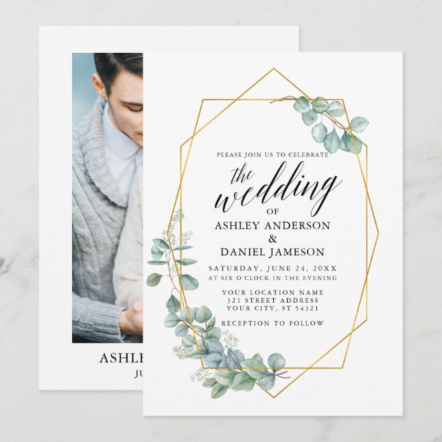 Calligraphy Eucalyptus Photo Wedding Gold Invitation (Front/Back)