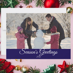 Calligraphy Family Photo Royal Blue Personalize Holiday Card