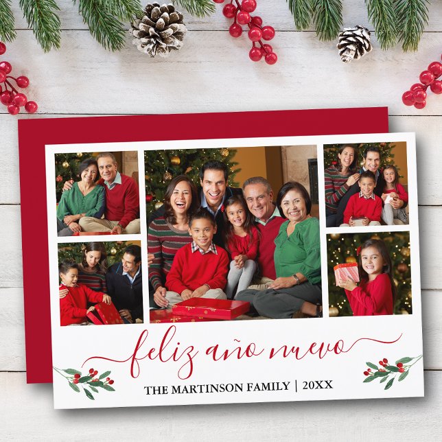 Calligraphy Feliz Ano Nuevo 5 Photo Red Holly Holiday Card (Customize to add text to back of card.)